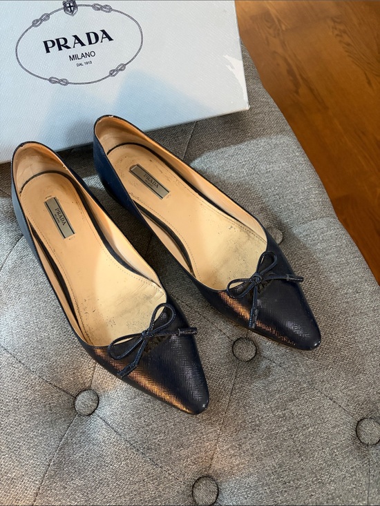 Prada Shoes - Prada Navy Textured Pointed Toe Bow Flats